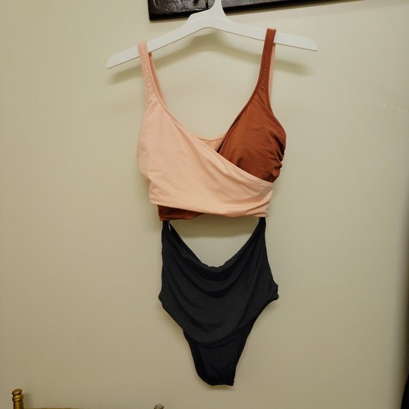Women's One Piece Bathing Suit Wrap Color Block Tie Side Swimsuit V-Neck Slimmin - Picture 1 of 3